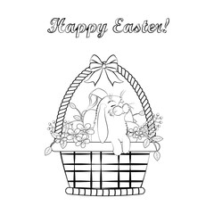 Rabbit in easter basket with eggs vector illustration outline