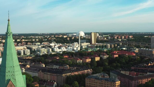 Sofia Church tower and Stockholm skyline, aerial panorama