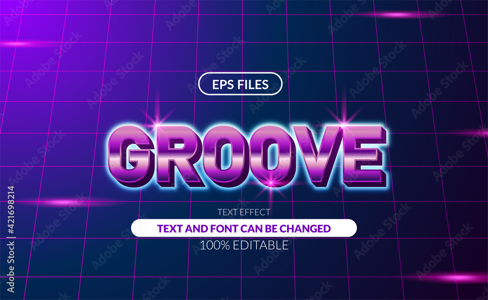 Aufkleber groove retro 80s with purple neon color editable text effect. eps vector file.