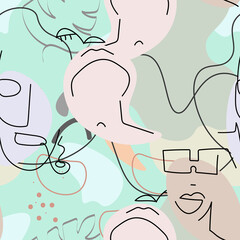 Obraz premium One line drawing. Abstract face seamless pattern.