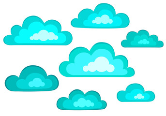 Set of blue fluffy clouds. Cloud shapes in flat cartoon style. Colorful vector. Isolated on white background. Hand drawn elements for cards, stickers, goods, fabrics, backgrounds, packaging and design