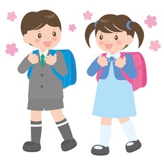 ランドセルを背負って登校する新一年生