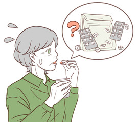 薬を飲み間違う女性の高齢者（シンプルカラーバージョン）