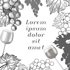 Grape, wine design template. Hand drawn vector illustration of grapes berries, glasses of wine. Retro style botanical banner engraving. Stock vector illustration
