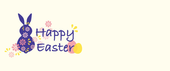 Happy easter concept. Decorative easter bunny, eggs and text on light yellow background. Vector illustration. イースターイラスト、イースターデコレーション、イースターデザイン