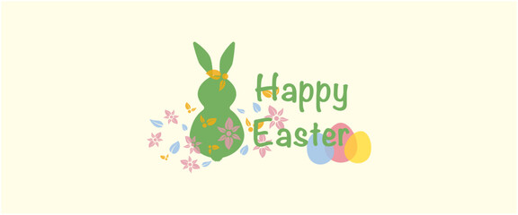 Happy easter concept. Decorative easter bunny, eggs and text on light yellow background. Vector illustration. イースターイラスト、イースターデコレーション、イースターデザイン
