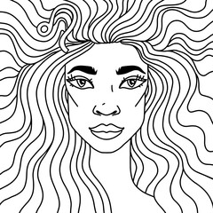 Leo girl portrait adult coloring book. Zodiac sign print. Vector illustration.