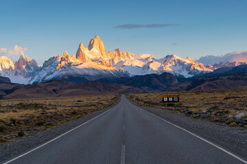 Road to Fitz Roy Mountain in the morning with orange sunlight cover the peak of Fitz Roy, Autumn, Patagonia, Argentina.