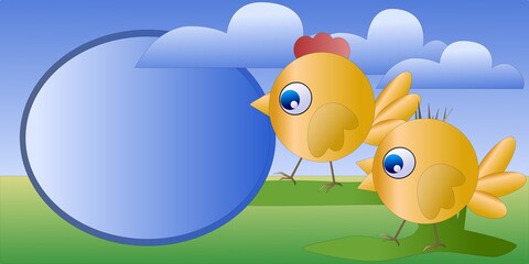 Vector illustration. Card with a blank space for inscriptions, Funny chickens on a walk