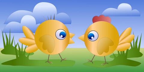 Vector illustration. Funny chicks on a walk