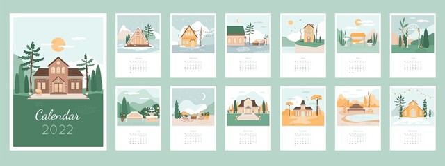 Calendar 2022 design concept with cozy houses and landscapes. Picturesque scenery, garden, courtyard bundle. Set of 12 months vector illustrations. Flat beautiful nature, autumn forest, fountains