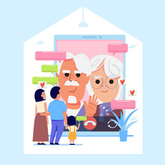 Family talk with old parents by Videocalling - vector illustration