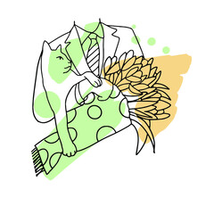Abstract silhouette of a man without a head, with a cat in his arms, a cat  holds a bouquet of flowers, a linear image on a background of colored spots.