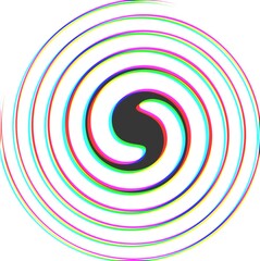 illustration of a circle symbol with a thin, thin circular outline in the middle. Abstract background of black circle symbol with isolated white glitch effect