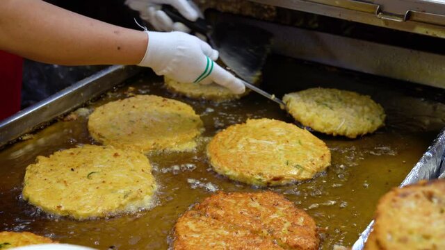Korean traditional mung bean pancake, Street food in Korean market, Food made from healthy green beans, Simple snacks using green beans