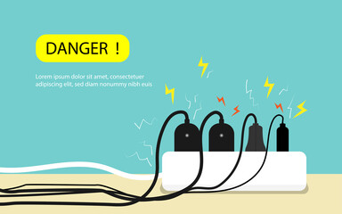 Electric risk burn. electric shock, Overload plug in power outlet in. caution and warning Danger electricity illustration vector EPS 10. 