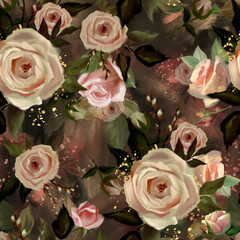 Seamless vintage floral pattern with roses. Oil painting style