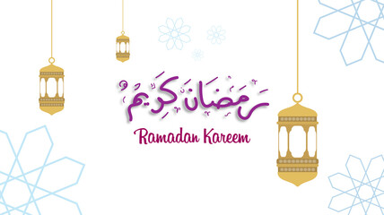 Ramadan kareem greeting card template with gold ramadan lantern, islamic background banner wallpaper vector illustration. Arabic text translation : ramadan kareem, holy month for muslim