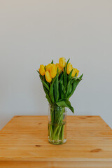 Bright fresh yellow tulips on white background. Bunch of yellow tulips in big glass jar. Spring flowers in glass vase.