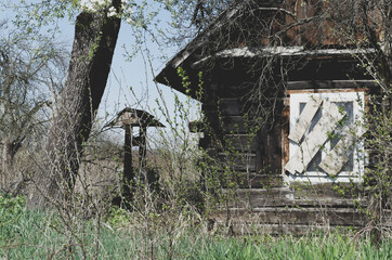 Stary dom i kwitnące drzewo