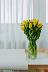 Bright fresh yellow tulips on white background. Bunch of yellow tulips in big glass jar in white interior. Spring flowers in glass vase on white table at home.