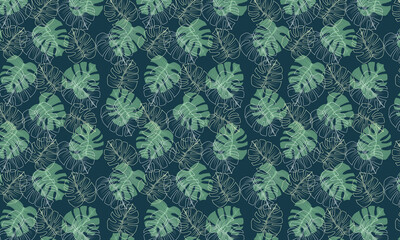 Vector green tropical leaves summer hawaiian seamless pattern with tropical green plants and leaves on navy blue background. Great for vacation themed fabric, print, wallpaper, packaging. 