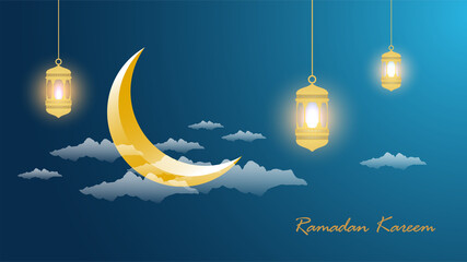 Obraz na płótnie Canvas Ramadan kareem greeting card template with gold ramadan lantern, islamic background banner wallpaper vector illustration. Arabic text translation : ramadan kareem, holy month for muslim