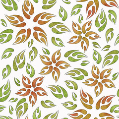 Seamless pattern from floral ornaments of yellow, green, red colors, painted with watercolor: leaves, flowers isolated on a white background