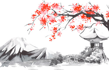Japan traditional sumi-e painting. Fuji mountain, sakura, sunset. Japan sun. Indian ink vector illustration. Japanese picture.