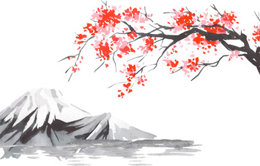Japan traditional sumi-e painting. Fuji mountain, sakura, sunset. Japan sun. Indian ink vector illustration. Japanese picture.