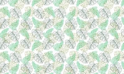 Vector green tropical leaves summer hawaiian seamless pattern with tropical green plants and leaves on white background. Great for vacation themed fabric, print, wallpaper, packaging.