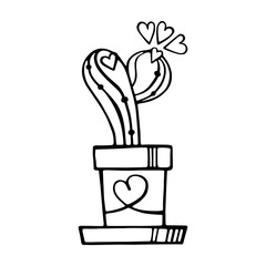 A flowering cactus in a pot. Vector doodle illustration of a cute cactus and a heart-shaped flower. A pot with a heart ornament. A declaration of love. Valentine's Day cards, invitations, stickers.