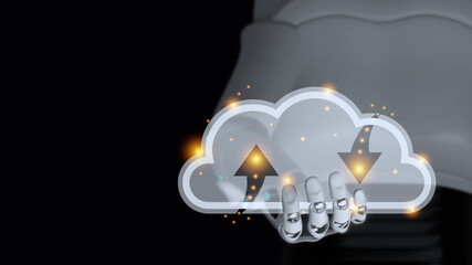 Hand of cyborg is holding transparent glass cloud with orange spot light have blur body of android robot on black background and copy space 3d render. Cloud computing data automatic ai concept.