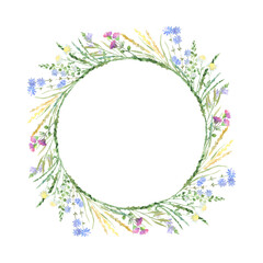 Fototapeta na wymiar Watercolor frame wreath with wildflowers