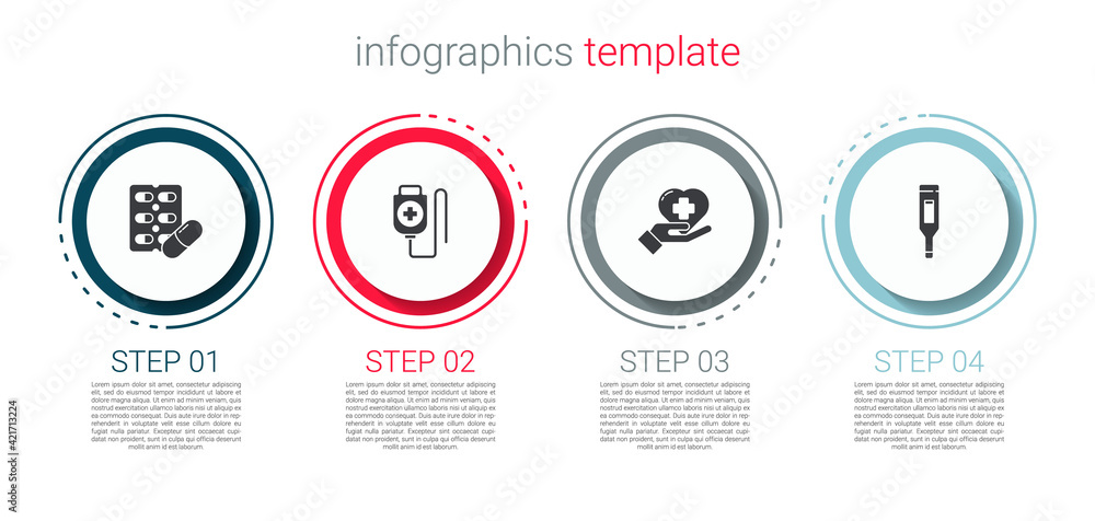 Sticker set pills in blister pack, iv bag, heart with cross and medical digital thermometer. business infogr