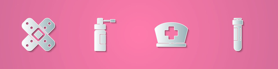 Set paper cut Crossed bandage plaster, Bottle with nozzle spray, Nurse hat cross and Test tube blood icon. Paper art style. Vector