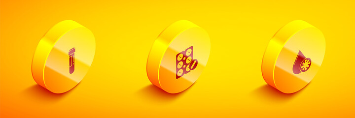 Set Isometric Test tube with blood, Pills in blister pack and Blood test and virus icon. Vector
