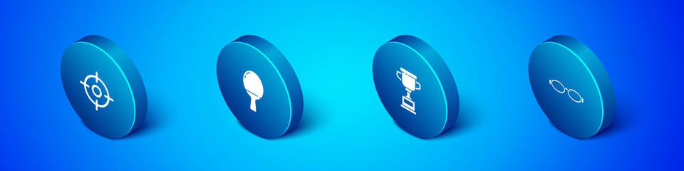 Set Isometric Target sport, Award cup, Glasses for swimming and Racket playing table tennis icon. Vector