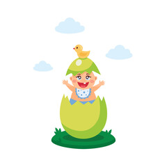 Naklejka premium Happy easter, egg hunt flat kid's vector illustration, composition, banner, card, poster with painted egg and newborn baby. Seasonal greeting. Colorful illustration isolated on white background