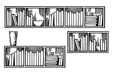 Fototapeta premium Bookshelves sketch. Hand drawn interior elements. Books on the bookshelf. Hand drawn sketch illustration. Vector with white background