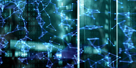 Global Cyberspace Big Data Futuristic Design Grid on Server Room Blurred background.