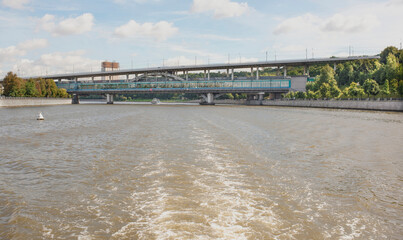 View from the boat on the Moscow River and the Luzhnetskiy bridge