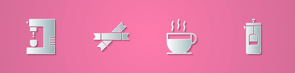 Set paper cut Coffee machine, Sugar stick packets, cup and French press icon. Paper art style. Vector