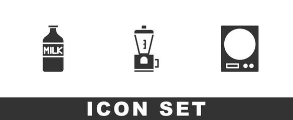 Set Bottle with milk, Electric coffee grinder and Electronic scales icon. Vector