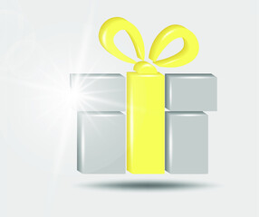 Present gift box icon.   Surprise present design. 3d vector illustration in yellow - gray colors.