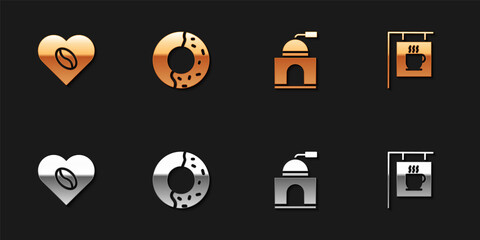 Set Coffee Lovers, Donut with sweet glaze, Manual coffee grinder and Street signboard icon. Vector
