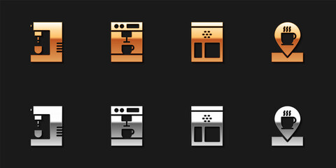 Set Coffee machine, , Bag coffee beans and Location with cup icon. Vector