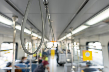 Close-up SkyTrain Canada Line subway carriage handrail.