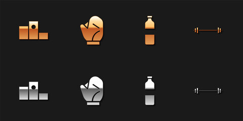 Set Award over sports winner podium, Baseball glove, Bottle of water and Barbell icon. Vector
