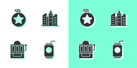 Fototapeten Set Soda can with straw, Canteen water bottle, Slot machine and City landscape icon. Vector © Kostiantyn